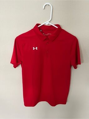 Under Armour Boys Red Tech Polo Shirt Youth Large YLG School Uniform Activewear
